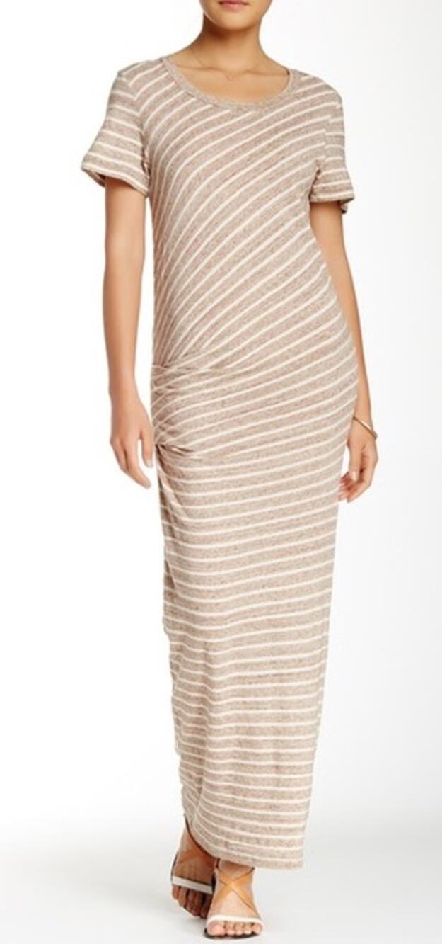 James Perse Tucked Maxi Dress Heather Beige Stripe 100% Cotton Size 2 Made USA